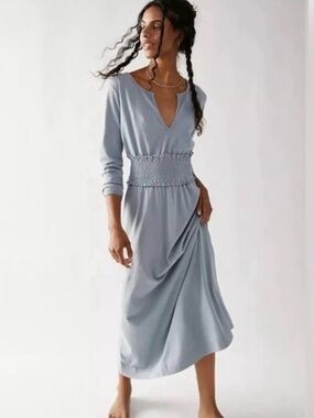 Free People Dusty Blue V-Neck Smocked-Waist Midi Dress
